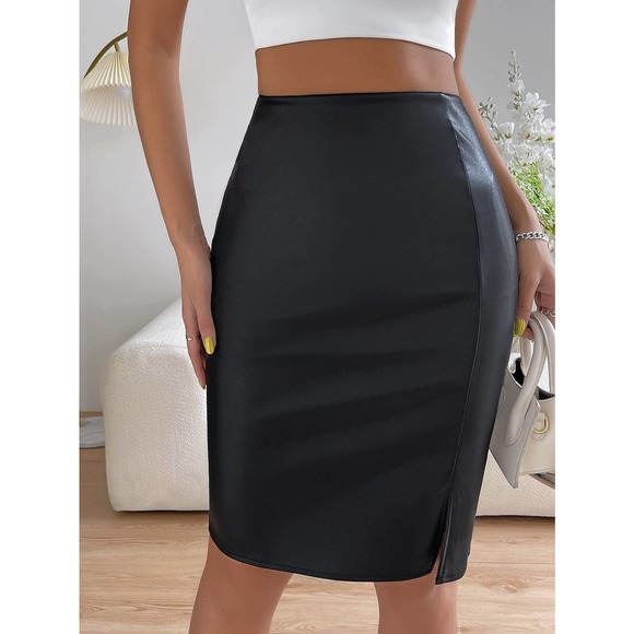 minimalist High Waist Split Hem vegan leather Leather Bodycon Skirt black - Picture 1 of 8